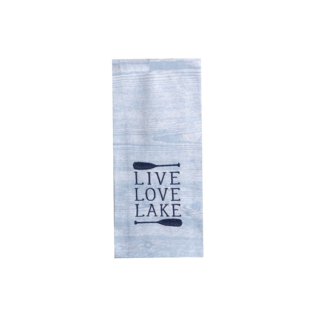 Light Blue Tea Towel Embroidered with Live Love Lake