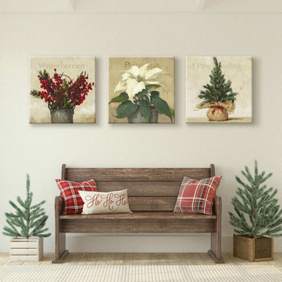 Set of three christmas canvas prints featuring winterberries, a white poinsetta, and a pine seedling in a burlap sack