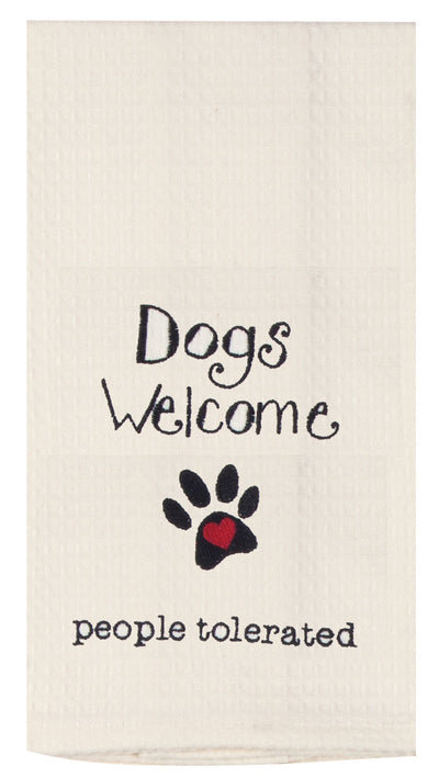 Waffle style Kitchen towel reads Dogs Welcome People Tolerated with a paw print accent featuring a red heart