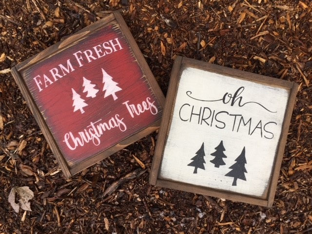 Handmade wood sign red with white lettering reads Farm Fresh Christmas Trees with 3 white painted pine trees 