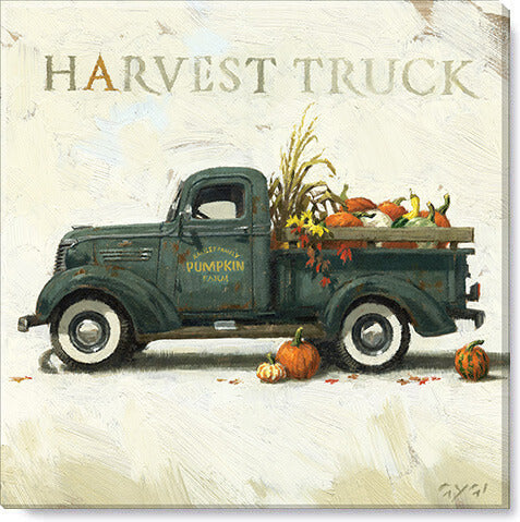vintage Harvest Truck from the Darren Gygi Home Collection With grains, pumpkins, sunflowers, and fall leaves