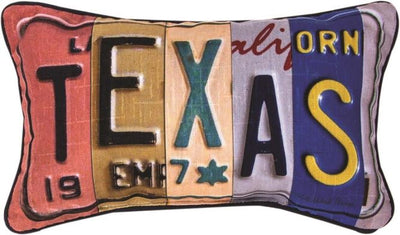 Throw pillow with a license plate design reads TEXAS