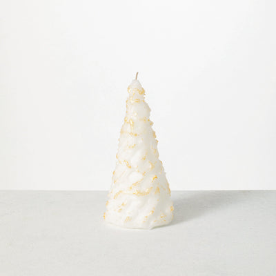 White christmas tree shaped candle with brushed gold accents